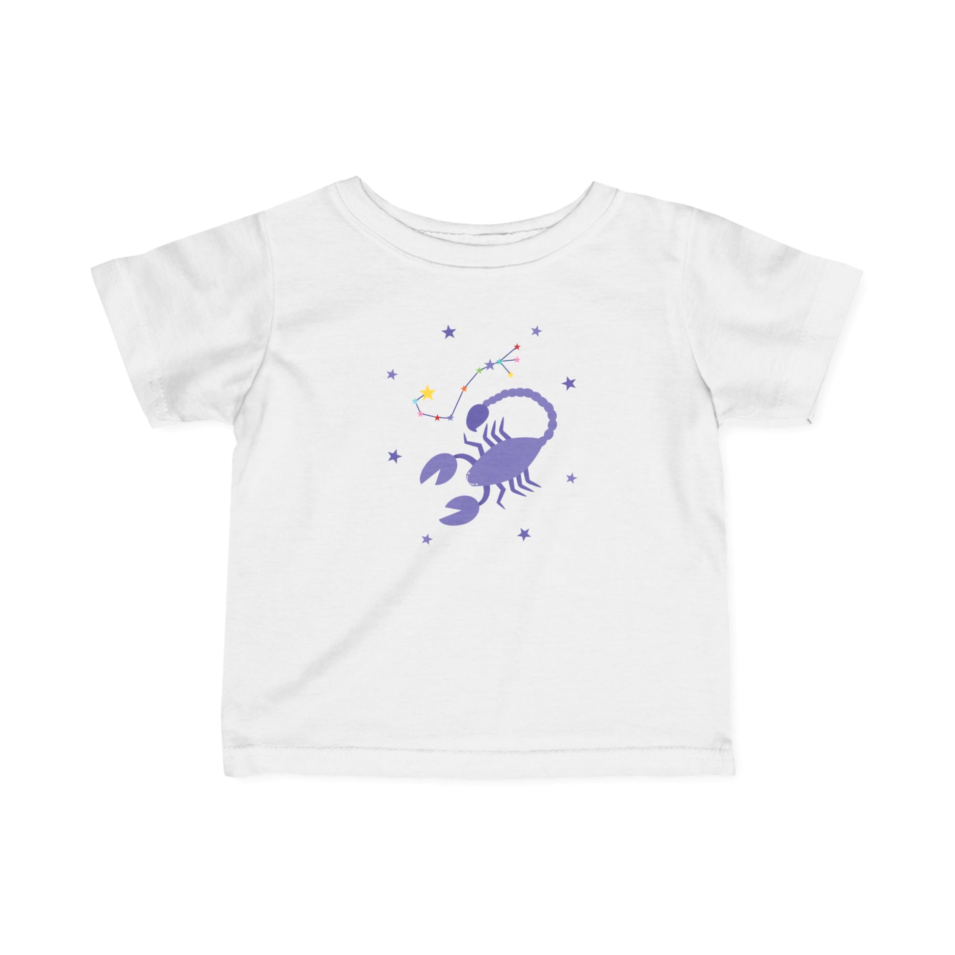 White t-shirt with a purple scorpion graphic on a white background