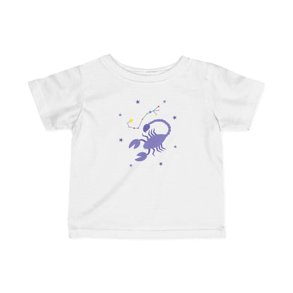 White t-shirt with a purple scorpion graphic on a white background