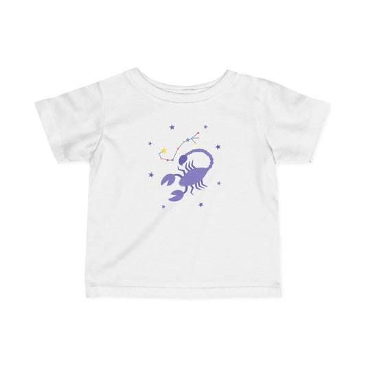 White t-shirt with a purple scorpion graphic on a white background