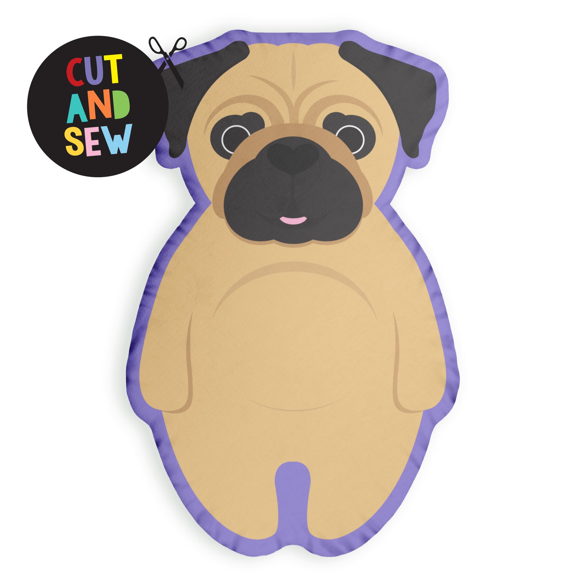 Make your own cute pug dog pillow. Cut and sew 