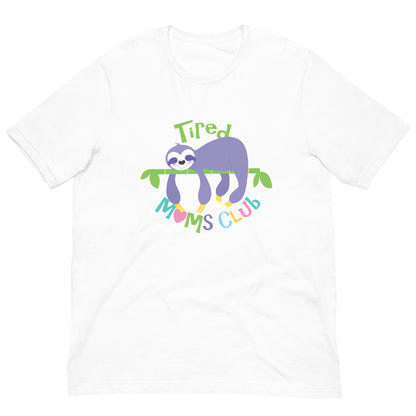 White Tired Mums Club t-shirt with colourful sloth illustration and rainbow text on front