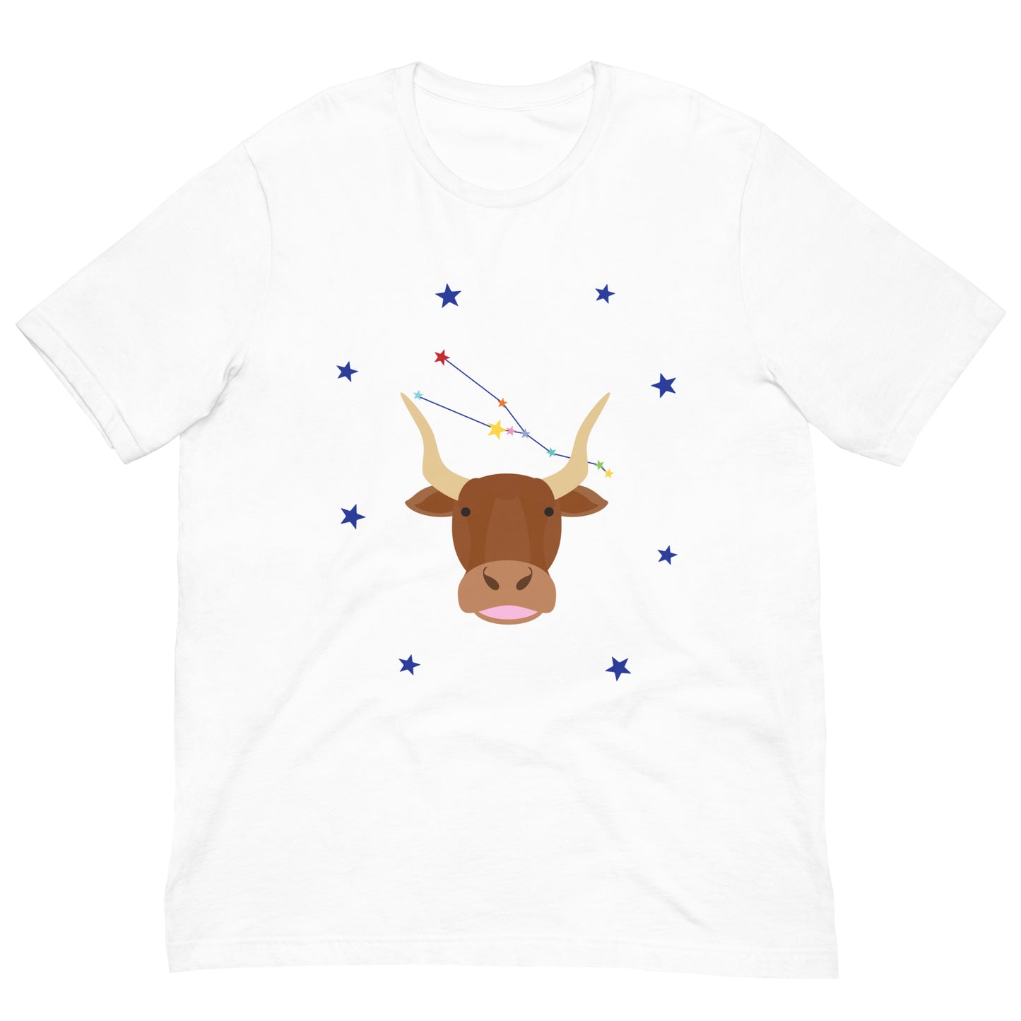 White t-shirt with a bull and taurus star constellation design on a white background