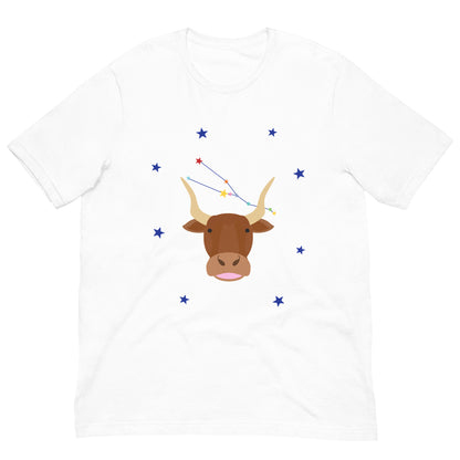 White t-shirt with a bull and taurus star constellation design on a white background