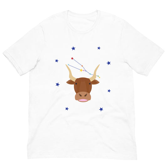 White t-shirt with a bull and taurus star constellation design on a white background