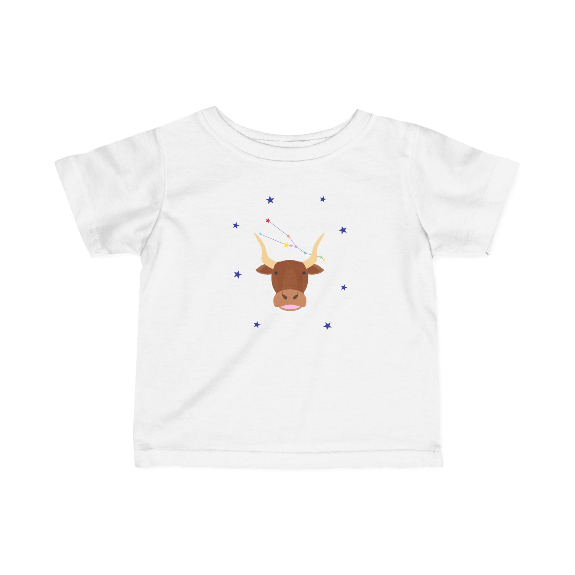 White t-shirt with a cartoon taurus bull design on a white background