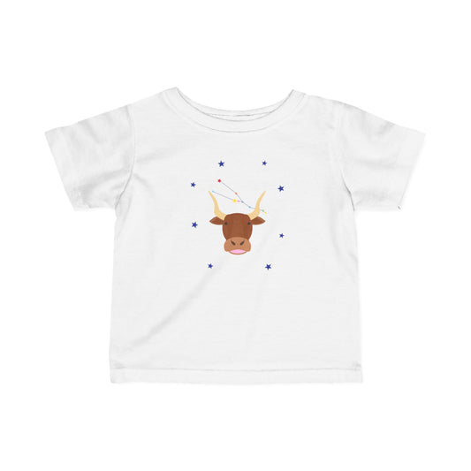 White t-shirt with a cartoon taurus bull design on a white background