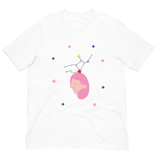 White t-shirt with a pink haired girl virgo and colorful stars on a white background