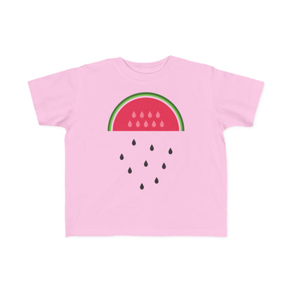 pink kids tshirt with  a cute illustration of a watermelon raining it's pips