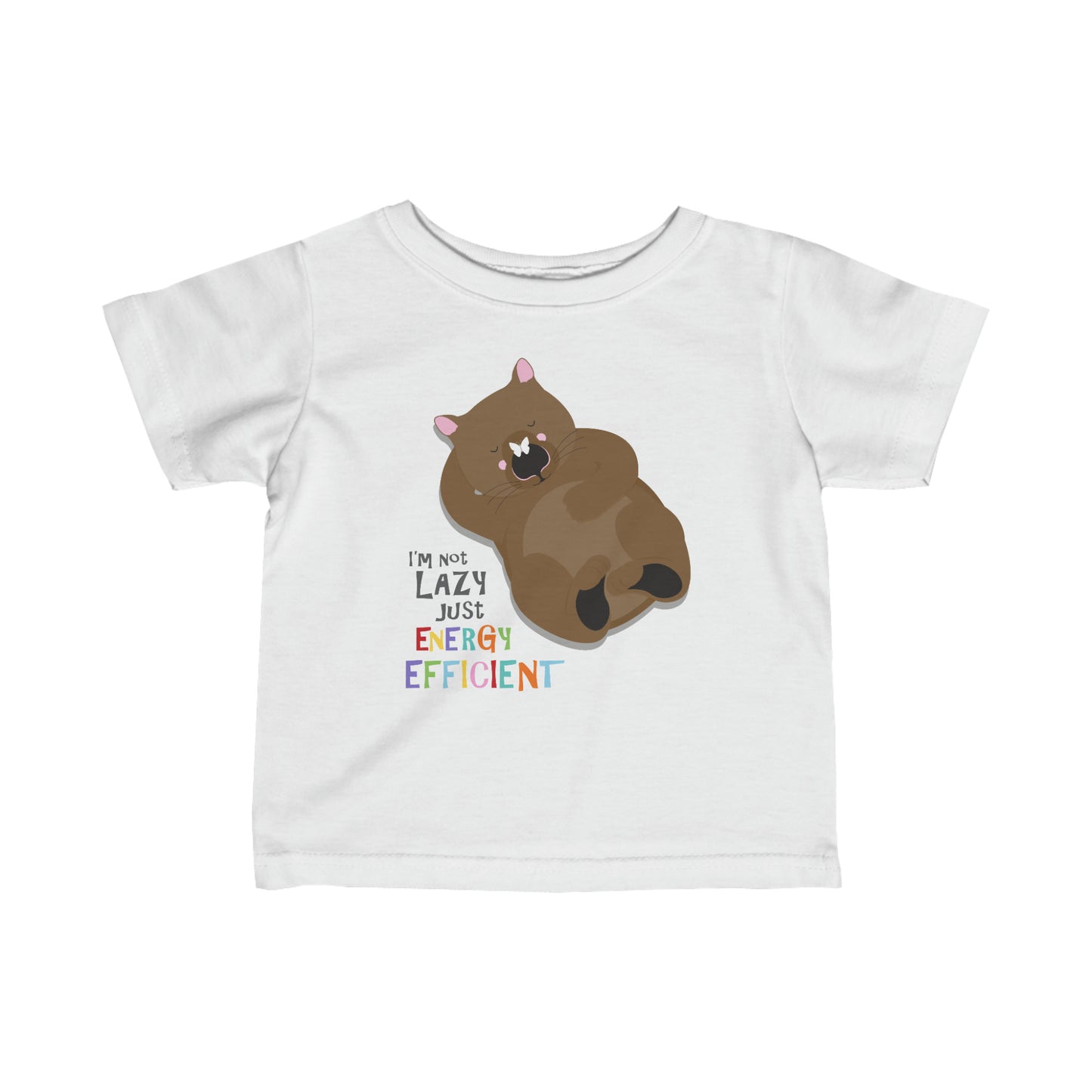 cute white kids tshirt featuring an irresistibly cute sleeping wombat with the words I'm not lazy, just energy efficient