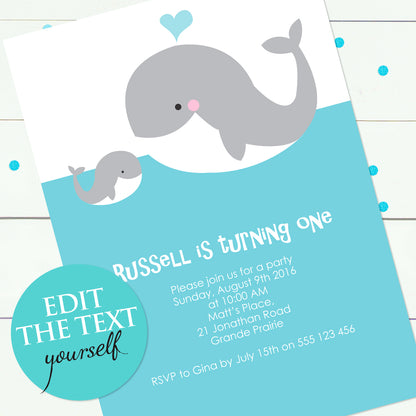 whale invite - INSTANT DOWNLOAD PDF