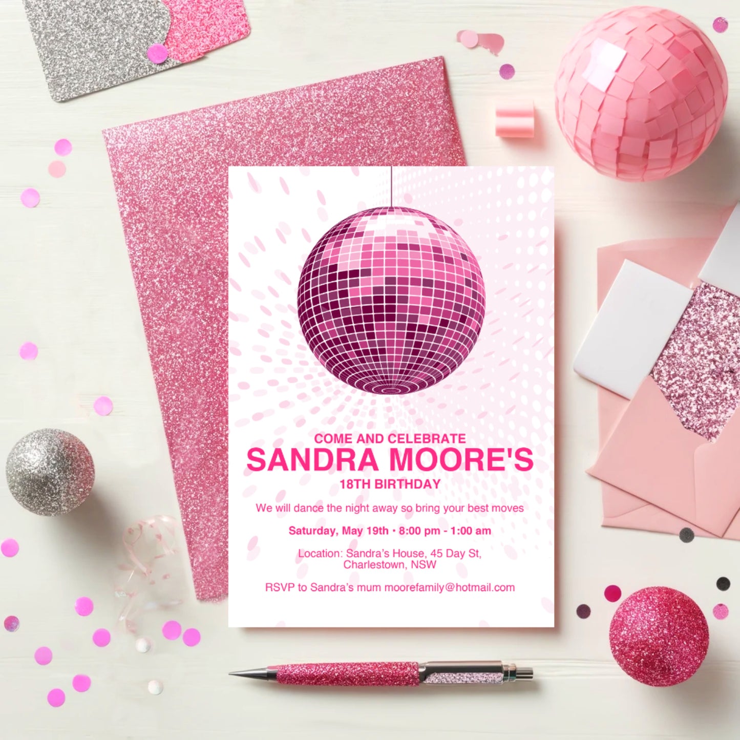 pink disco ball invite - PRINTABLE FILE