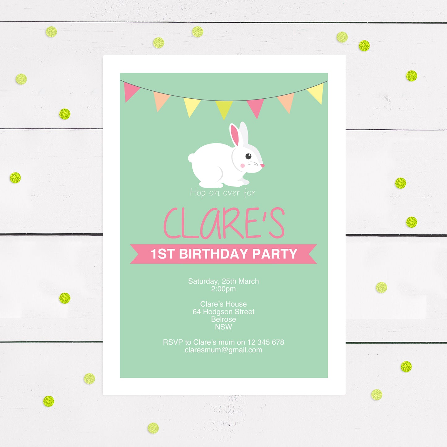 sweet bunny birthday invitation in green with bunting