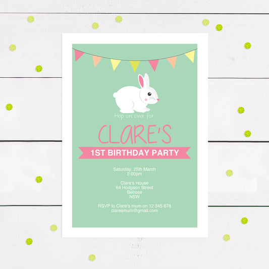 sweet bunny birthday invitation in green with bunting