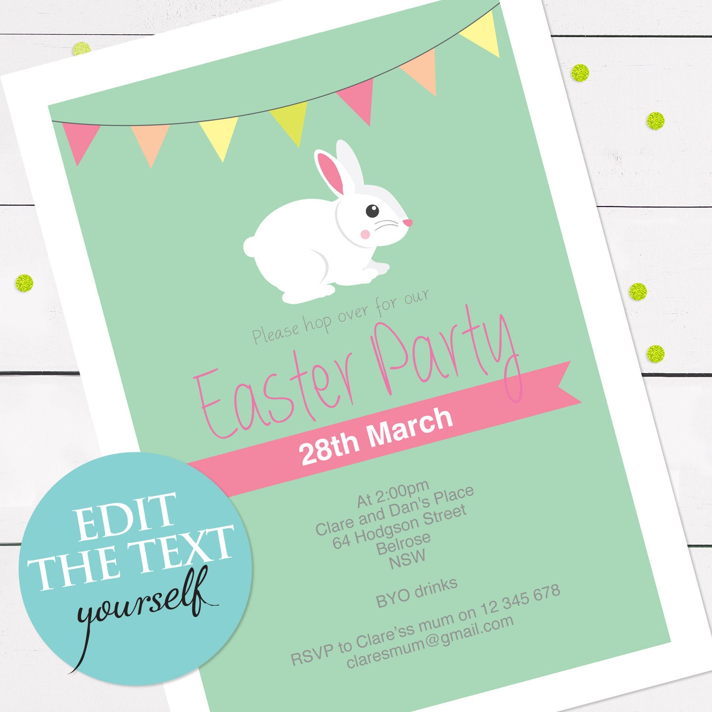 bunny birthday, baby shower or easter invite - INSTANT DOWNLOAD PDF