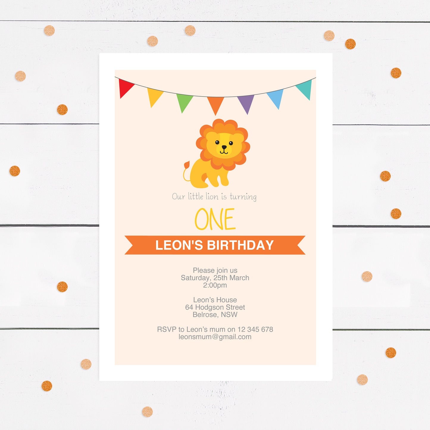 invitation for kids birthday with lion illustration