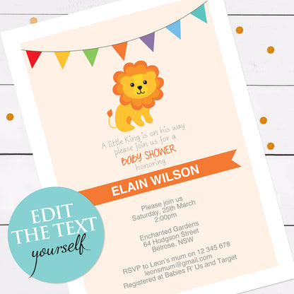 lion birthday or baby shower invite - INSTANT DOWNLOAD PDF