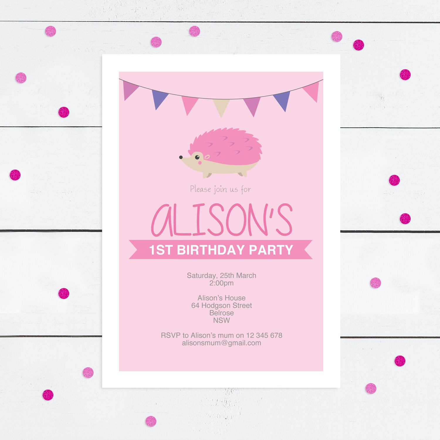 pink hedgehog birthday invitation