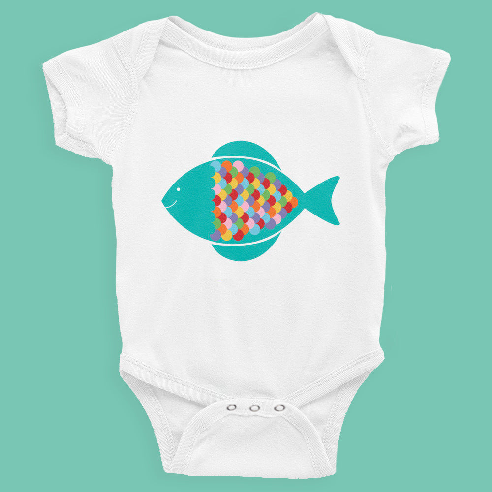 un and colourful fish design on baby bodysuit 