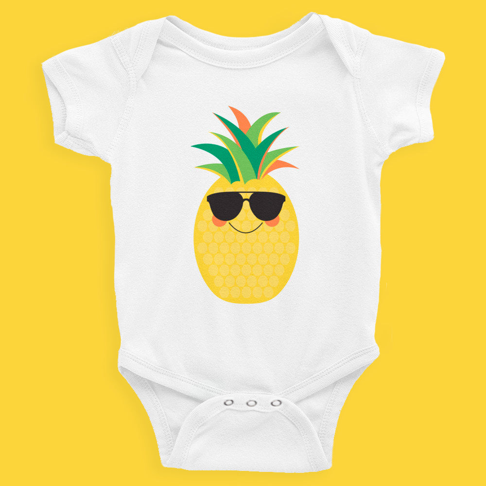baby bodysuit illustrated with a pineapple wearing sunglasses