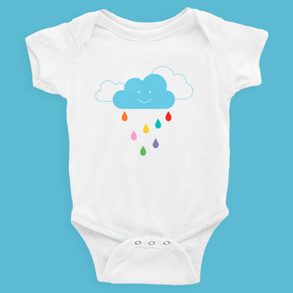 infant bodysuit with a cute smiling cloud and rainbow raindrops