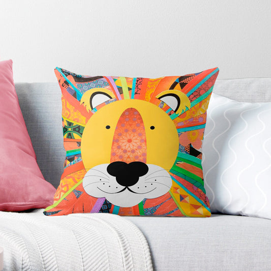 cushion of a lions face with rainbow mane