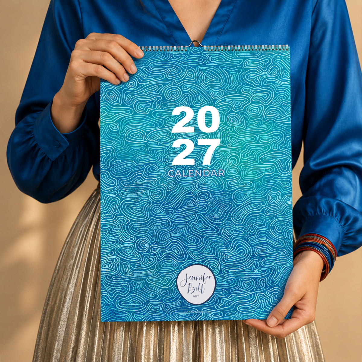 2027 abstract art calendar featuring colourful coastal inspired paintings by Jennifer Bell in an A3 wall calendar format