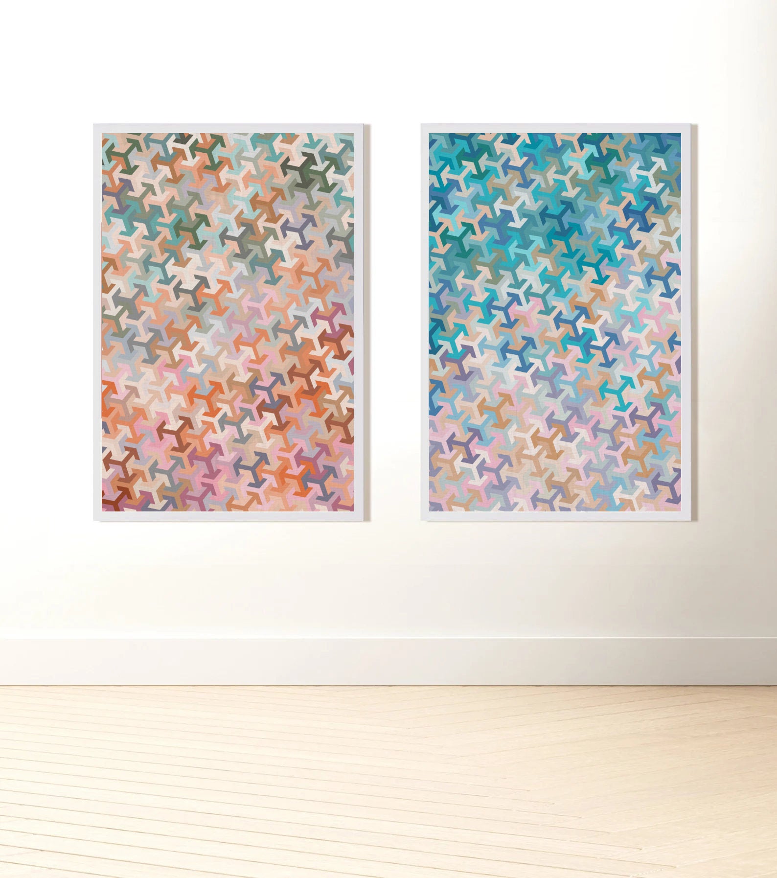 two abstract geometric pattern prints on a wall