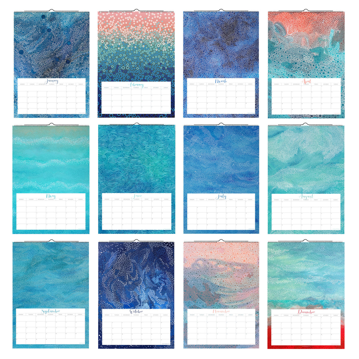 Twelve monthly calendar pages arranged in a 3x4 grid, each with an abstract watercolor-style cover in blue, teal, pink, or aqua tones and a white monthly calendar grid below.