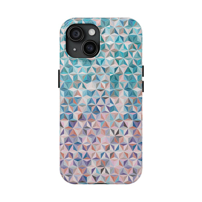 Phone case with geometric triangle pattern in blues and pink