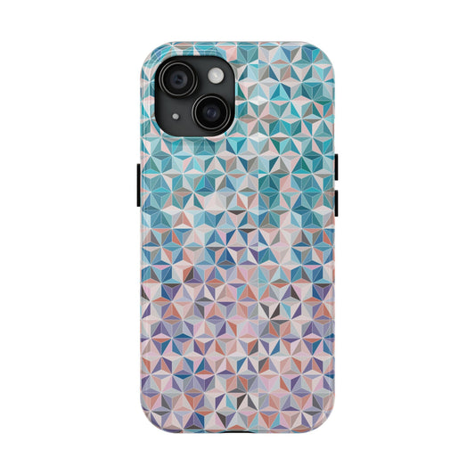 Phone case with geometric triangle pattern in blues and pink