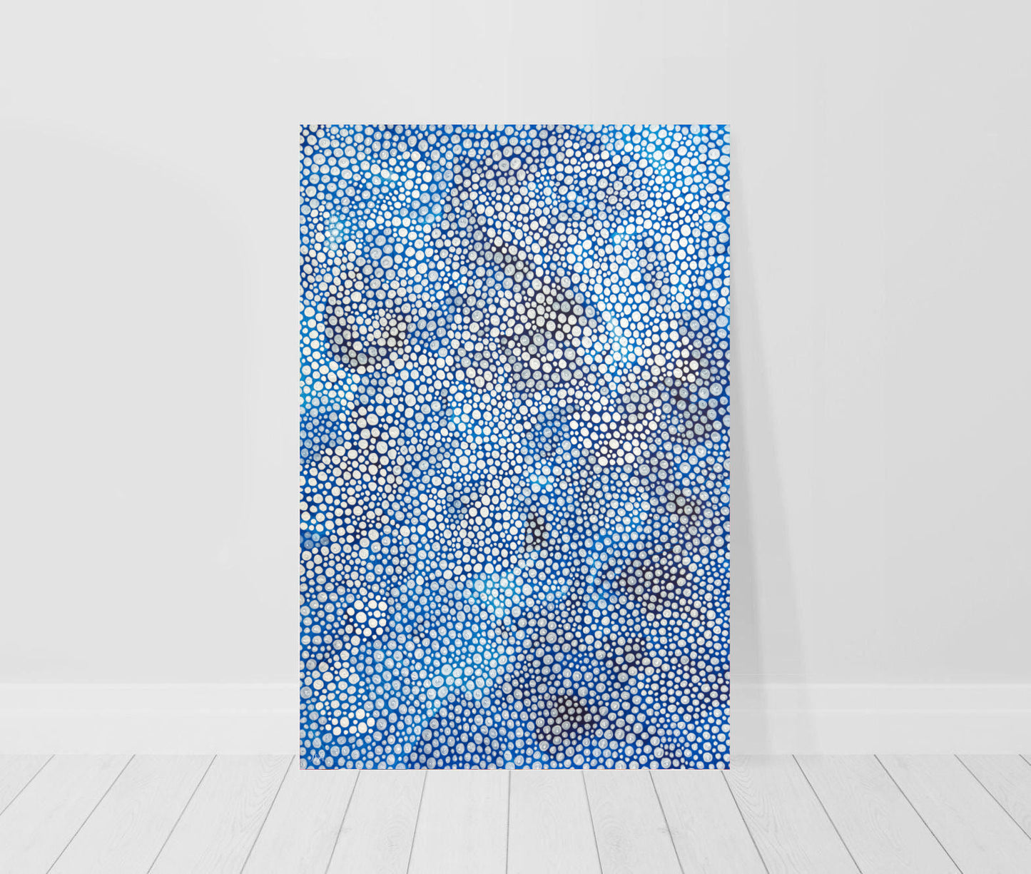 print of original abstract dot painting in blue and white