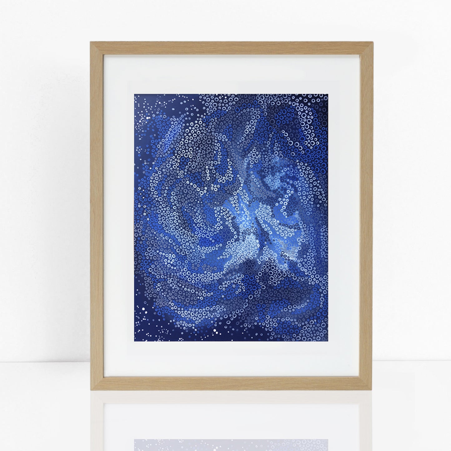 print in frame Swirling, gestural brush strokes in a mix of deep greys and blue with white circles