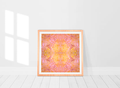 orange and yellow mandala print abstract in frame