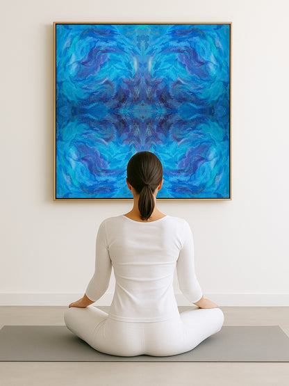 Person sitting in meditation pose in front of a large blue abstract painting.