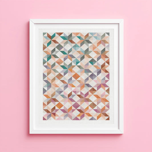Geometric patchwork stars art print in brown and green tones