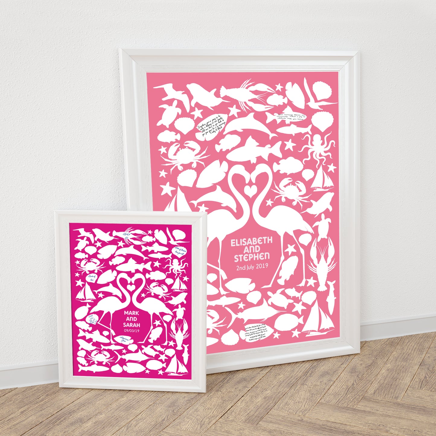two flamingo tropical beach wedding guest books in frame