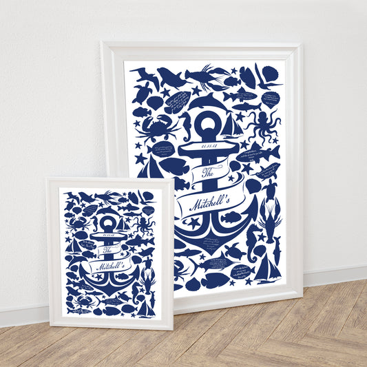 posters featuring a nautical anchor design surrounded by different nautical shapes, including fish, sailing boats, dolphins, and shells