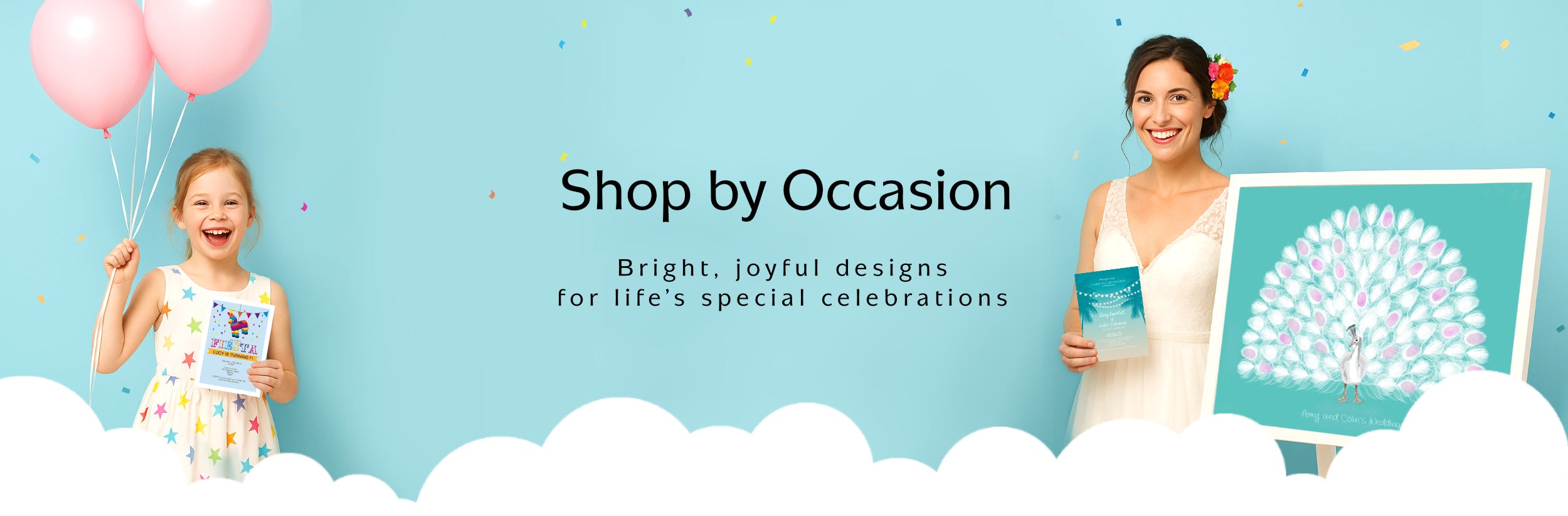 Two people holding balloons and a framed picture with text 'Shop by Occasion' on a blue background.