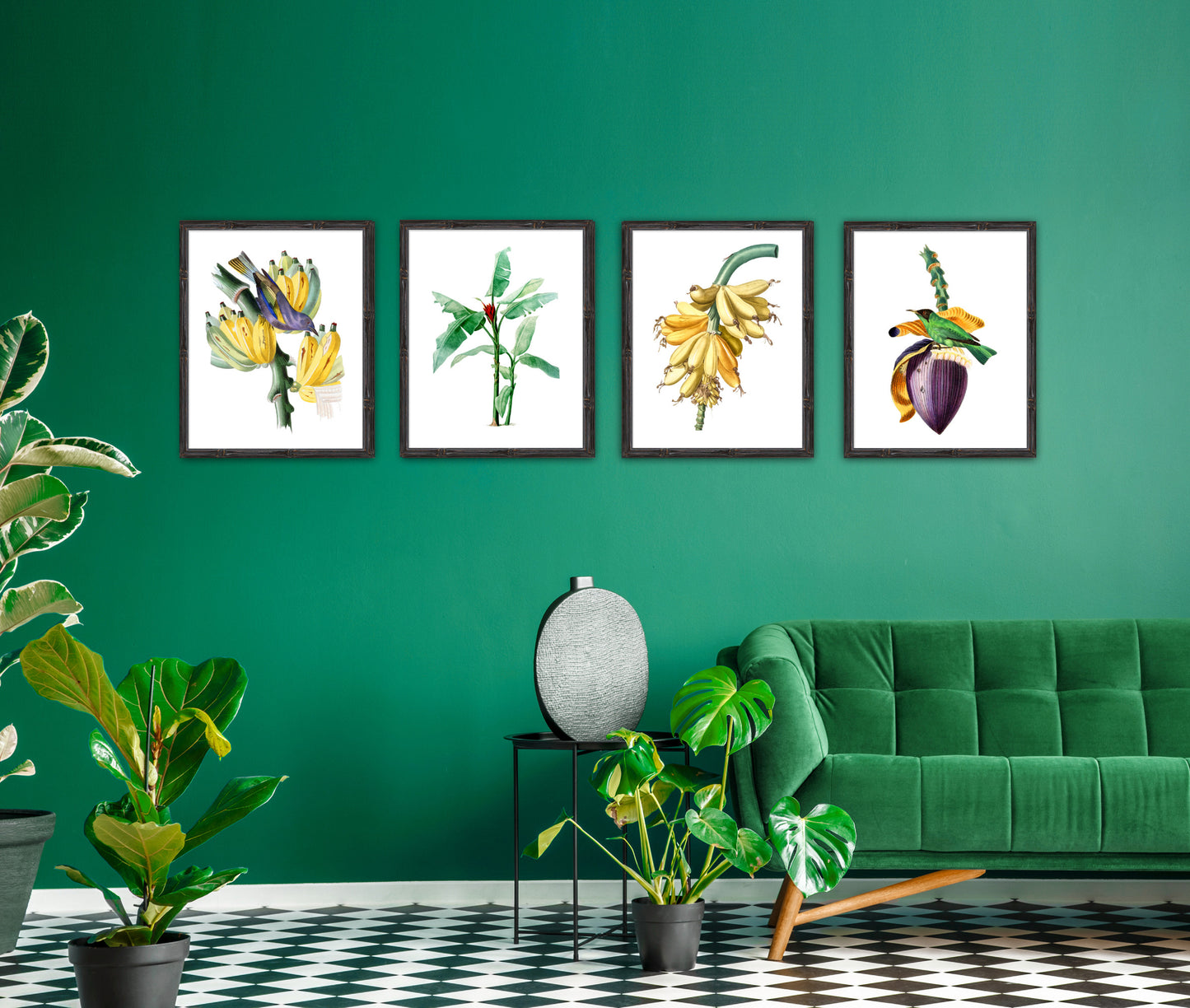 green room with set of vintage banana themed prints