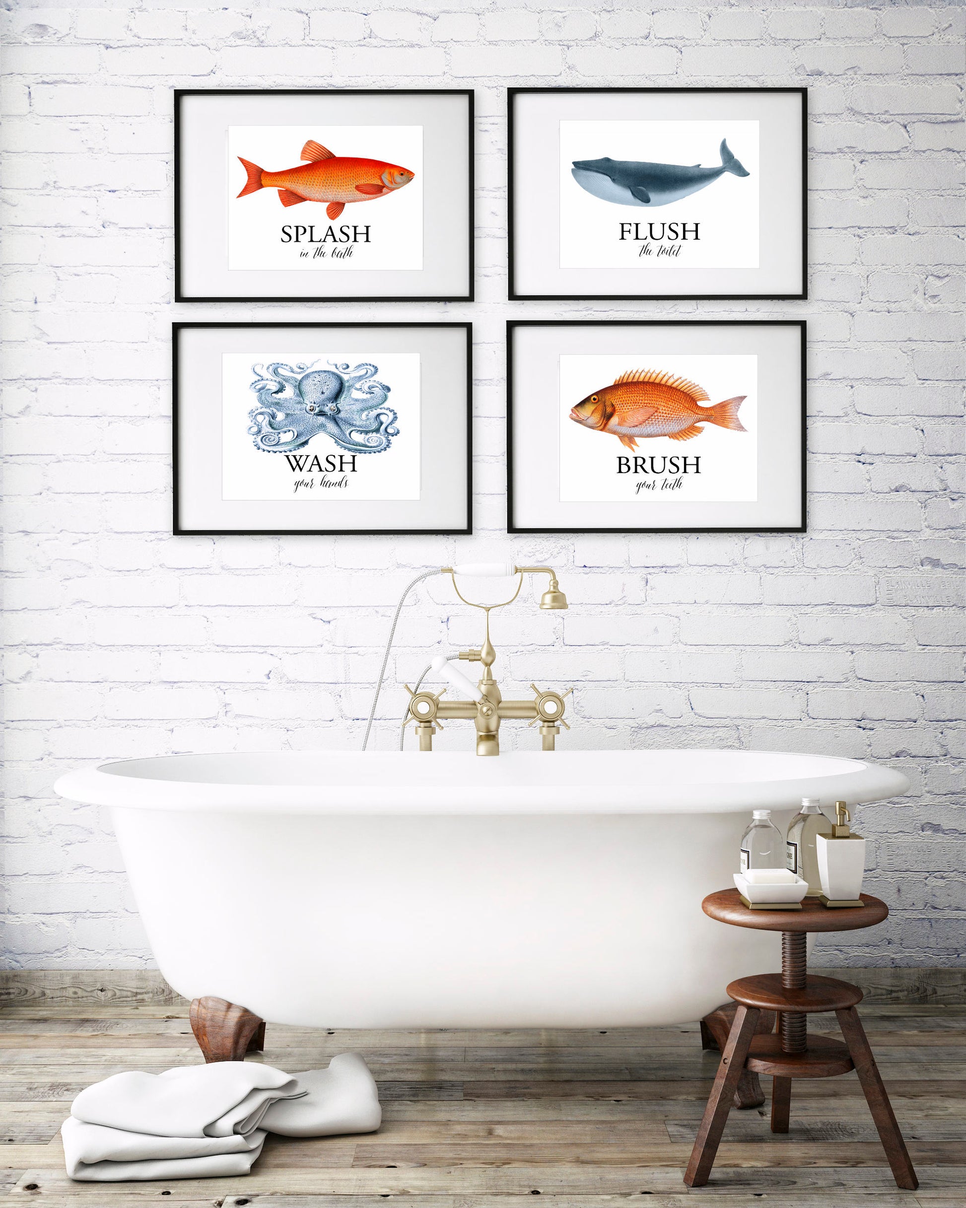 claw foot bath with set of vintage style prints above with fish, whale, octopus 