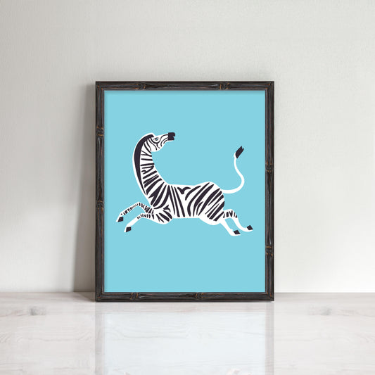 Fun zebra jumping illustration on blue background in vintage frame