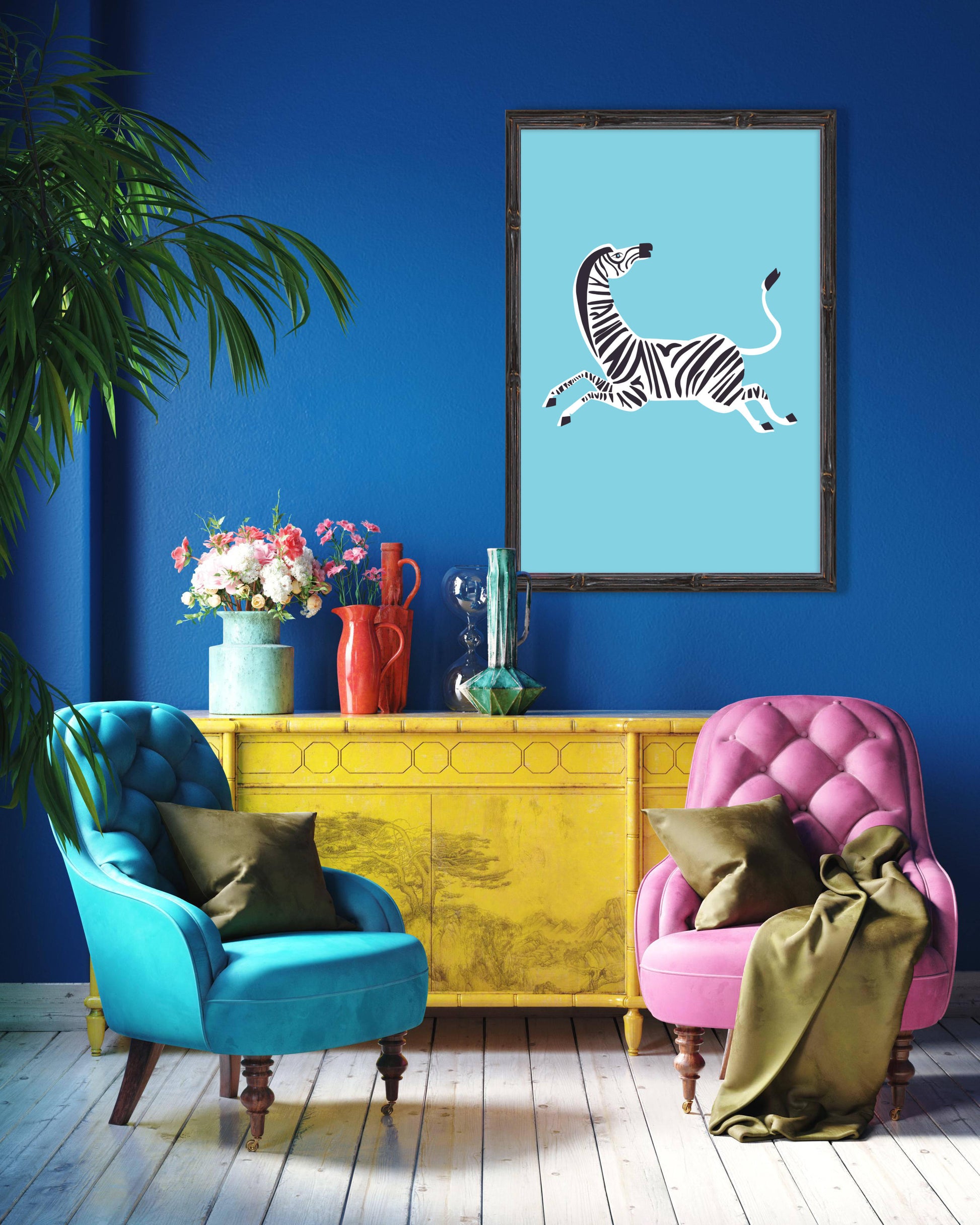 blue zebra print in colourful eclectic room