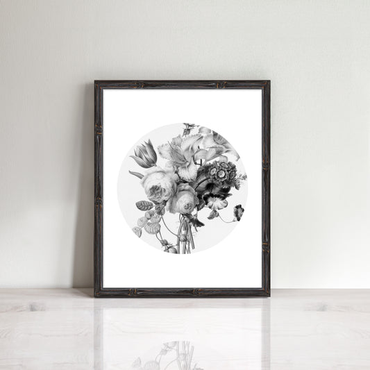 print of a beautiful bouquet of vintage flowers in black and white 