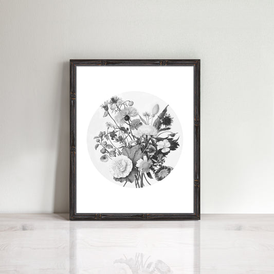print of bouquet of vintage flowers in black and white 