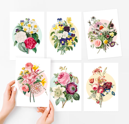 floral art greeting cards set of six with bouquet illustrations