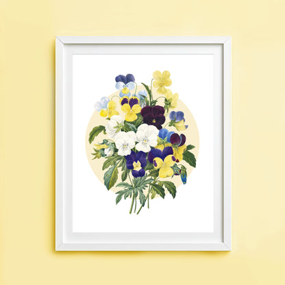 Vintage inspired pansy bouquet print with modern circular design. Soft flower wall art for bedrooms, living spaces and gallery walls.