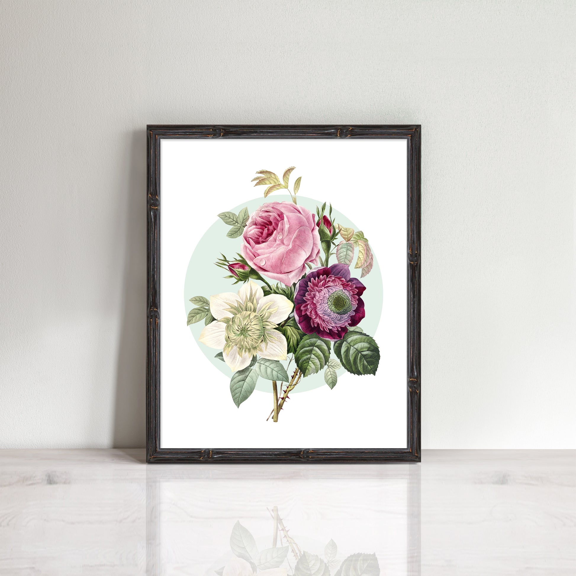 vintage print of bouquet of flowers with cabbage rose and anemone flower