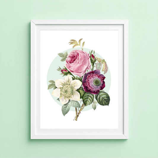 Vintage rose and anemone bouquet print with circular background and detailed floral illustration