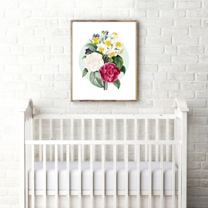Vintage camellia narcissus and pansy bouquet print