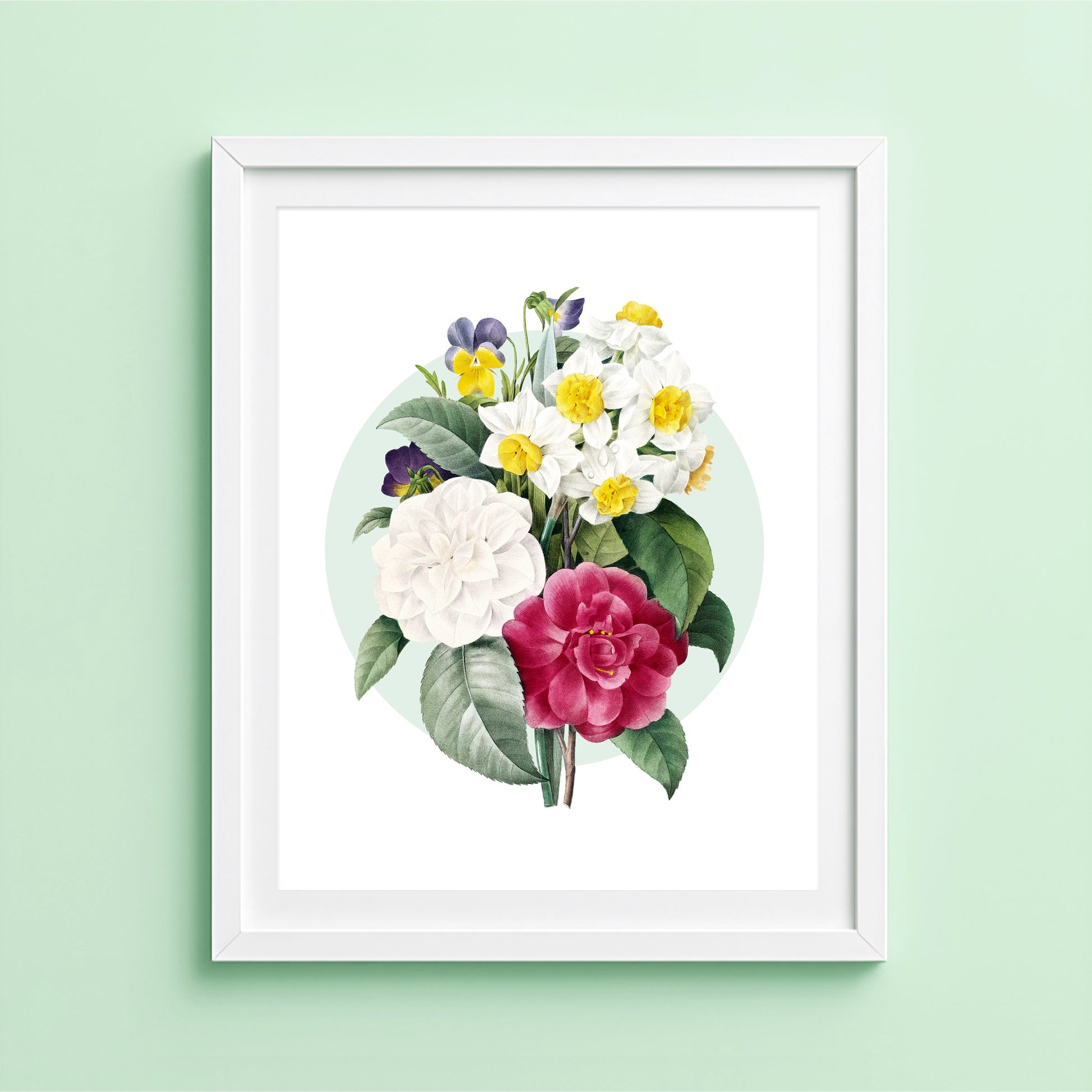 Vintage camellia narcissus and pansy bouquet print with circular background and detailed floral illustration